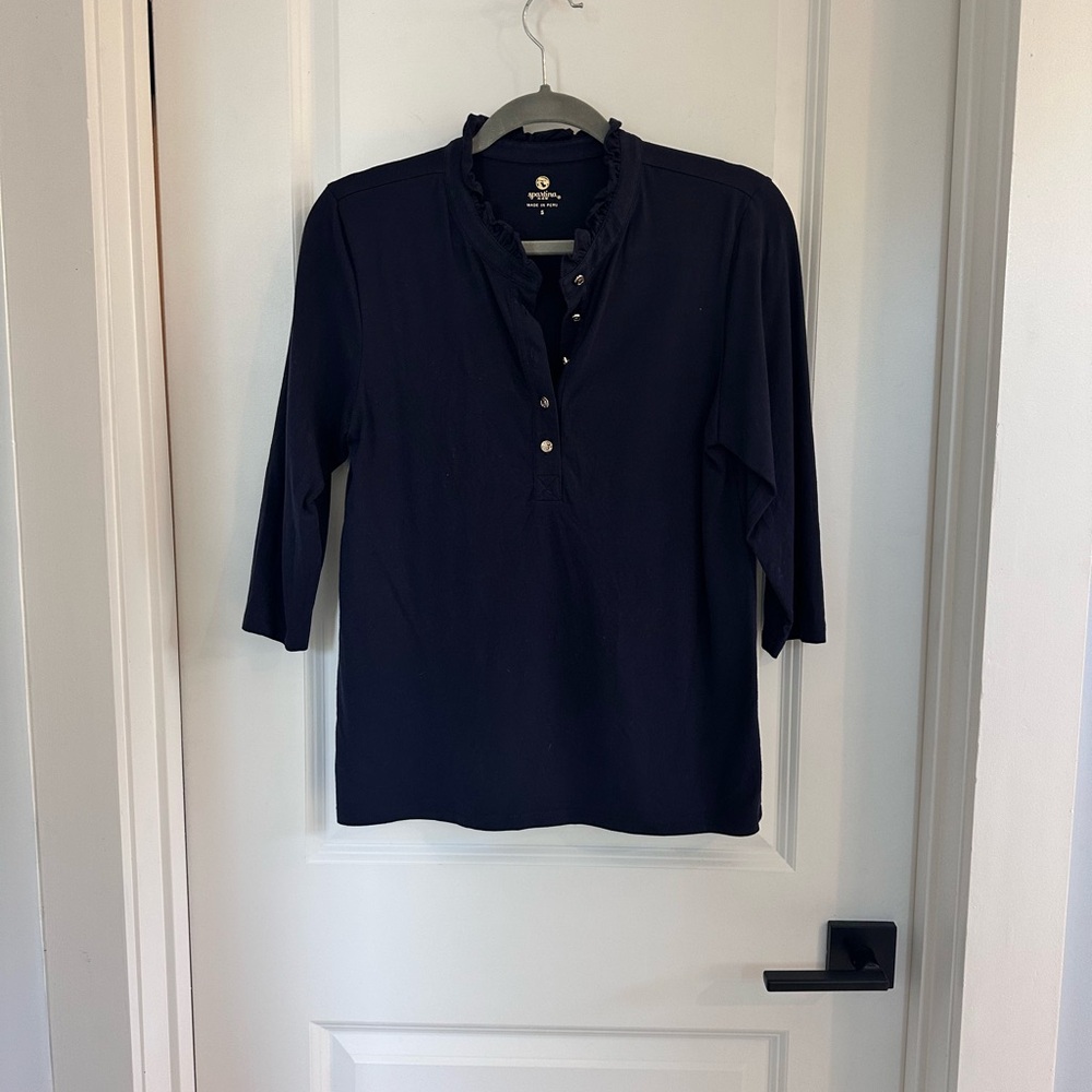 Spartina 449 Navy Ruffle Trim Henley Top